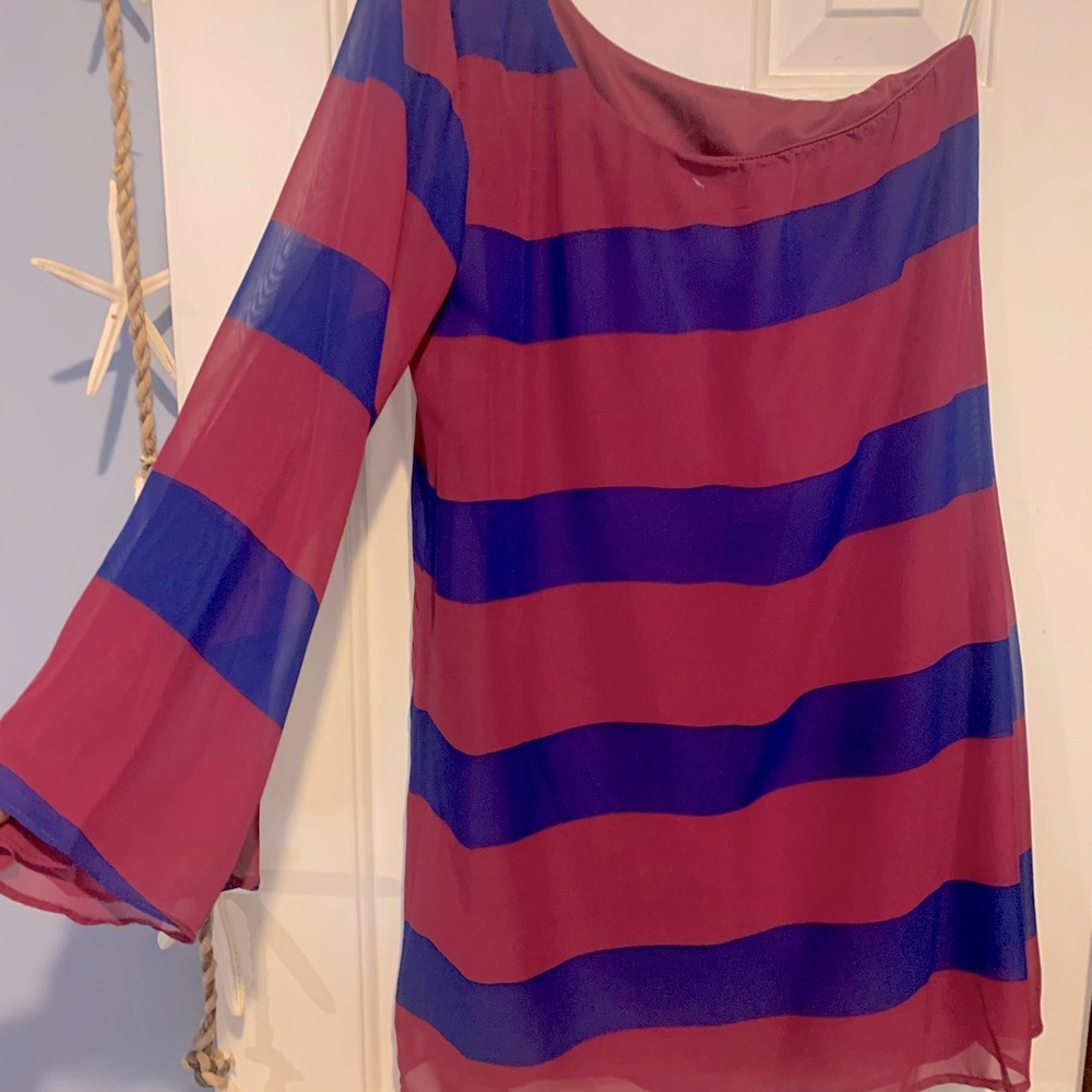 Purple and royal blue bold stripe one armed dress